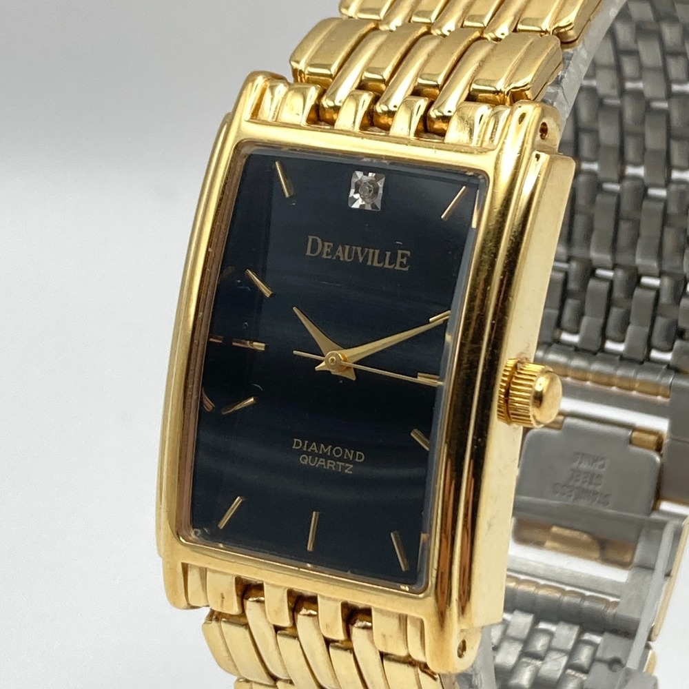 Vtg Deauville Men Diamond Watch Tank 24mm Gold Tone Black Dial New Battery 6.75"